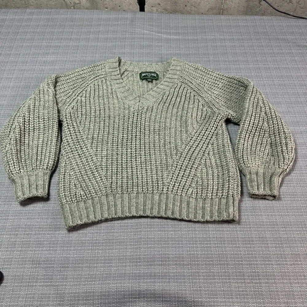 American Eagle Sweater Womens Medium Pullover Green Chunky Knit Boxy Cozy Ribbed
